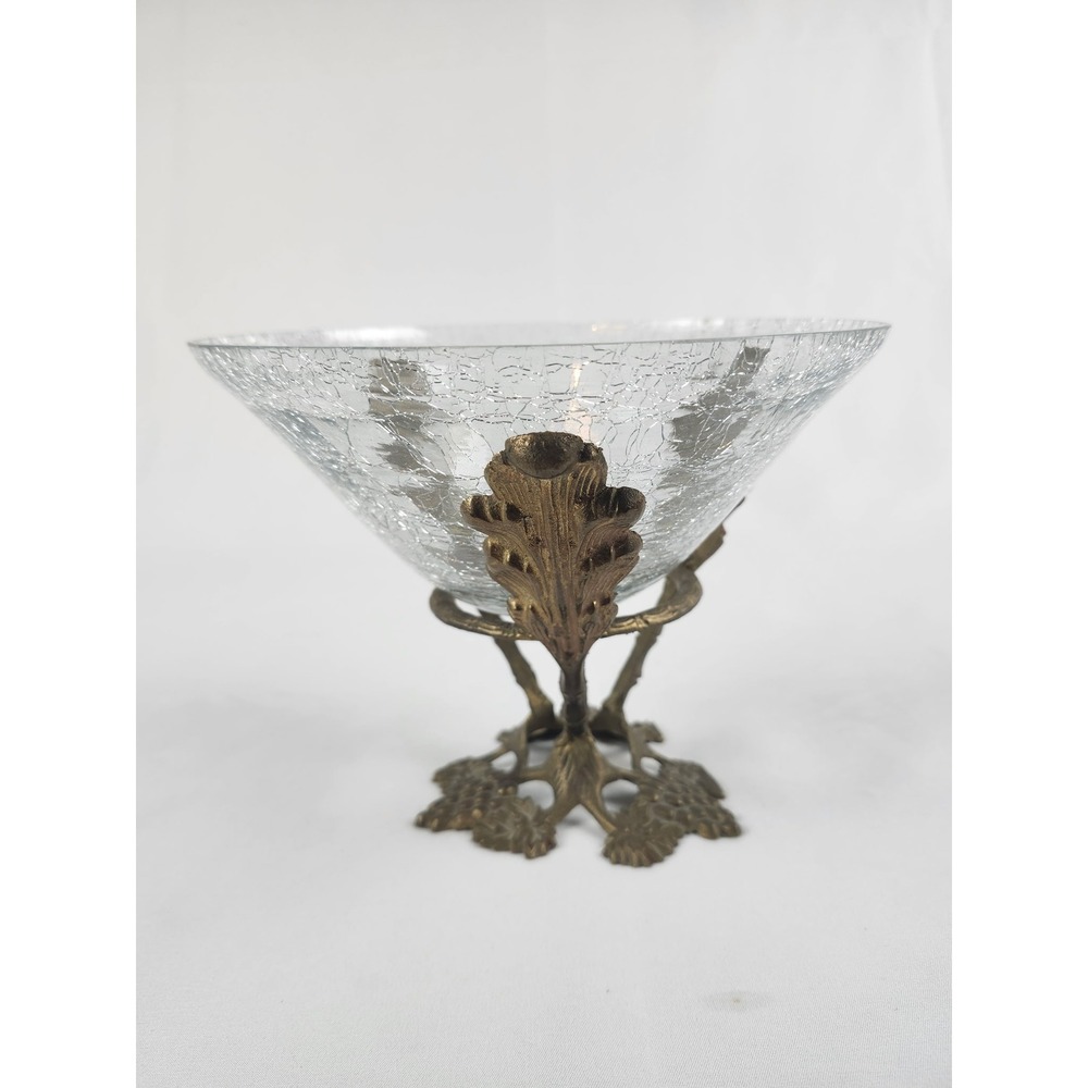 Vintage Crackle Glass Bowl with Brass Tone Grapevine & Oak Leaf Cast Metal Stand